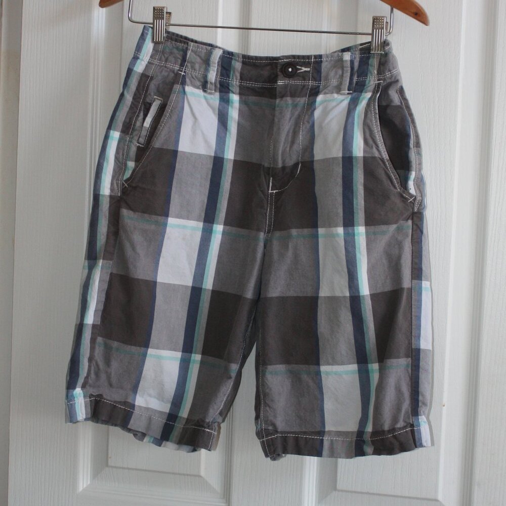 American Eagle Size 28 Men's Longboard Plaid Shorts Grey Blue White